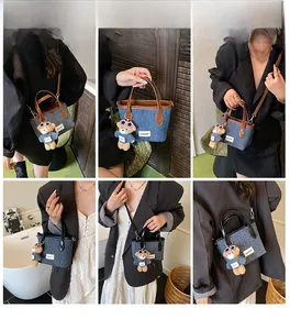 Collage showing denim bucket bags with bear charms used as handbags and crossbody bags