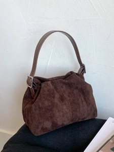 Vintage dark brown frosted suede bucket bag with wide leather shoulder strap for women