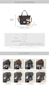 Detail of denim bucket bag showing leather handles and cute teddy bear charm accessory