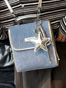 Y2K blue denim mini backpack with silver trim and star charms for women street style