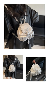 Detailed views of a silver metallic mini backpack with bow detail and drawstrings
