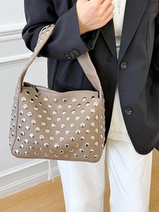 Retro coffee brown rivet shoulder bag with silver studs and crescent moon shape