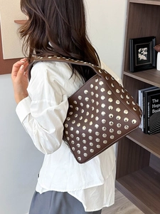 Retro brown leather shoulder bag with silver rivet studs in a stylish square design