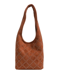 Brown suede hobo shoulder bag with silver metallic rivets in a diamond pattern