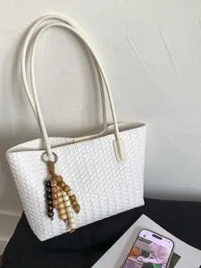 Women Retro Large Capacity Woven Tote Bag Fashion PU Leather Shoulder Bag With Bohemia Wood Bead Pendant Daily Commute Handbag