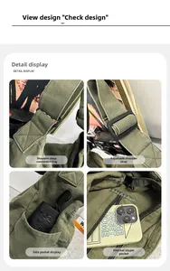 Detail view of canvas bag showing strap hardware, side pocket and internal zipped pocket