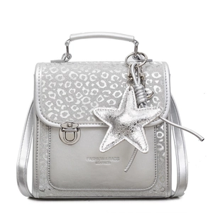Silver leopard pattern leather handbag for women with star charm and metal lock closure