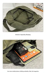 Spacious army green canvas bucket bag showing interior storage for cameras and tablets