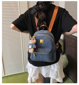 Dettaglio del mini zaino in denim blu con cerniere dorate e ciondolo a forma di orsetto