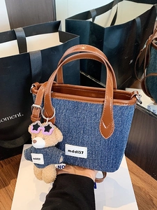 Women Denim Bucket Bag With Teddy Bear Charm PU Leather Trim Small Handbag Shoulder Crossbody Bag Casual Daily Tote