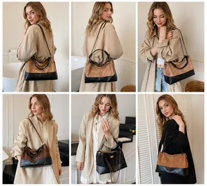 Quilted suede tote bag with chain strap shown in various perspectives on a model