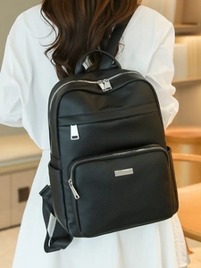 Sac à dos chic en cuir PU noir à grain de litchi avec fermetures éclair argentées