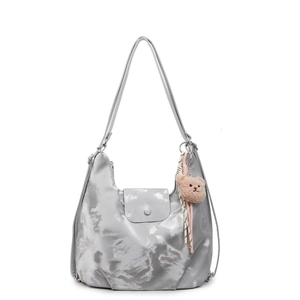 Retro soft leather hobo bag with marble pattern, large capacity and plush bear charm