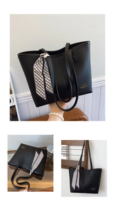Détail du sac cabas en cuir grainé noir avec un foulard élégant à motif géométrique