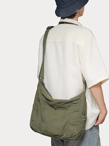 Large capacity army green canvas messenger bag with adjustable strap for casual daily use
