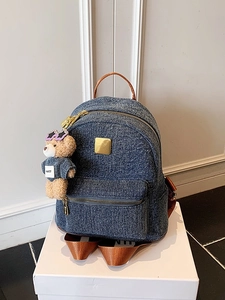 Zaino in Denim da Donna alla Moda Grande Capacità Borsa da Viaggio Casual con Portachiavi a Forma di Orsacchiotto per Scuola Studenti