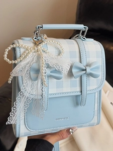 Petit Sac à Dos Doux Pour Femmes Nœud Gingham Cuir PU Dentelle Pendentif Künstliche Perle Sac Seau Style Académie Mini Sac D'école Pour Filles
