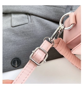 Detail eines rosa Leder-Schultergurts mit silberner Metallschnalle und verstellbarem Haken