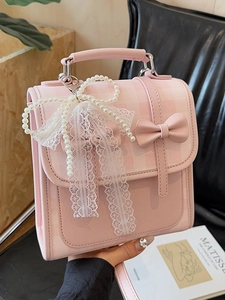 Sac à dos à carreaux roses avec nœud et pendentif perle dentelle au style campus chic