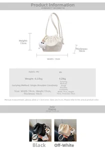 Detailed dimension chart and material specs for the pleated cloud bucket bag with fur charm
