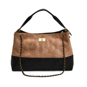 Sac cabas bicolore en daim kaki et cuir noir avec surpiqûres en losanges