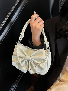 Mint green shoulder bag with large bow and pearl chain strap, 2025 trendy fashion design
