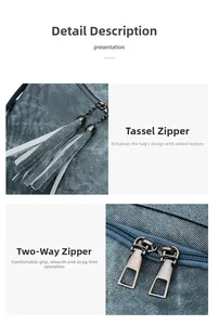 Detailed macro view of the fringe zipper and smooth dual-way metal zippers on the bag