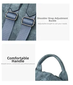 Detail of adjustable shoulder strap buckle and comfortable handle on grey-blue backpack