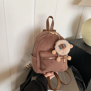 Women Fashion PU Leather Mini Backpack Solid Color Versatile Student Schoolbag Casual Small Travel Bag With Plush Pendant
