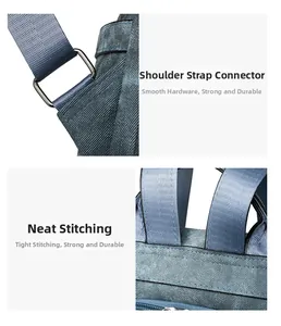 Detail of durable metal hardware and reinforced stitching on a blue travel backpack