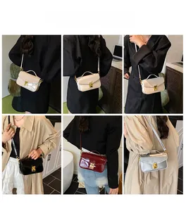 Fashionable shiny leather crossbody bag shown in various colors and carrying styles