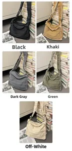 Detailed collage of canvas crossbody bags in five colors with vintage frayed edges