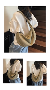 Olive green crescent dumpling bag with knotted strap details shown on a casual model