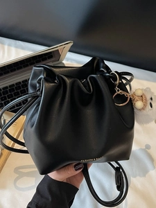 Women Fashion Pleated Cloud Bucket Bag PU Leather Drawstring Crossbody Bag Elegant Solid Color Commuter Shoulder Bag With Charm