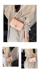 Detailed views of a pink patent leather crossbody bag styled with a khaki trench coat