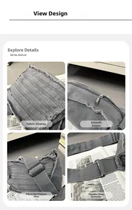 Detail view of grey canvas crossbody bag featuring stripe texture, zipper, and adjustable buckle
