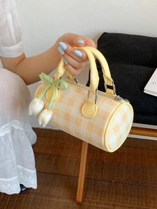 Women Sweet Plaid Checkered PU Leather Cylinder Crossbody Bag With Tulip Pendant Ribbon Fresh Summer Fashion Shoulder Bag