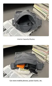 Detail of grey canvas crossbody bag interior with zipper pocket and daily essentials