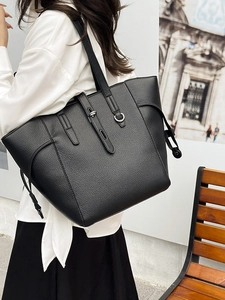 Large black lychee pattern leather tote bag with silver buckles for women daily use