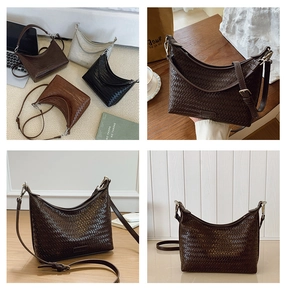 Detailed grid view of crescent-shaped woven leather shoulder bags in four elegant colors