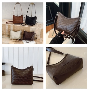 Detailed close-up of woven bucket bag texture and four color options in grid view