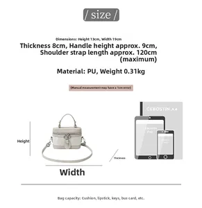 Size chart showing dimensions of the cream white PU leather box bag with strap length