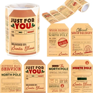 Christmas Kraft Paper Gift Labels Stickers Roll Santa Claus North Pole Special Delivery Design Decorative Adhesive Tags For Holiday Package Wrapping