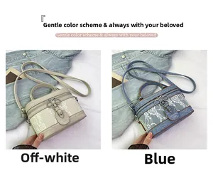 Detail of lace-covered cylinder bags in beige leather and blue denim with silver zippers