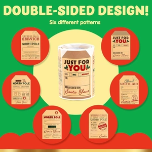 Roll of vintage Christmas gift stickers featuring six North Pole and Santa designs