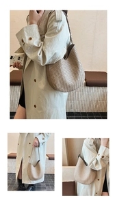 Detailaufnahme der aprikosenfarbenen Hobo-Tasche mit Flechtstruktur und Schultergurt