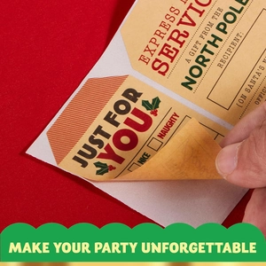 Christmas kraft paper gift labels with North Pole delivery text on festive red background