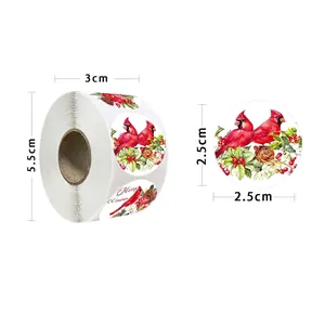 500pcs Merry Christmas bird stickers roll with pine cones for gift box sealing
