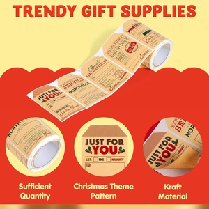 Macro detail of kraft paper Christmas gift stickers with vintage postal delivery designs