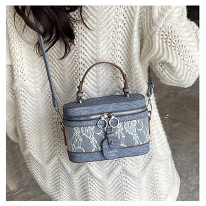 Detail of a denim lace box bag with floral texture and fashion label hanging charm